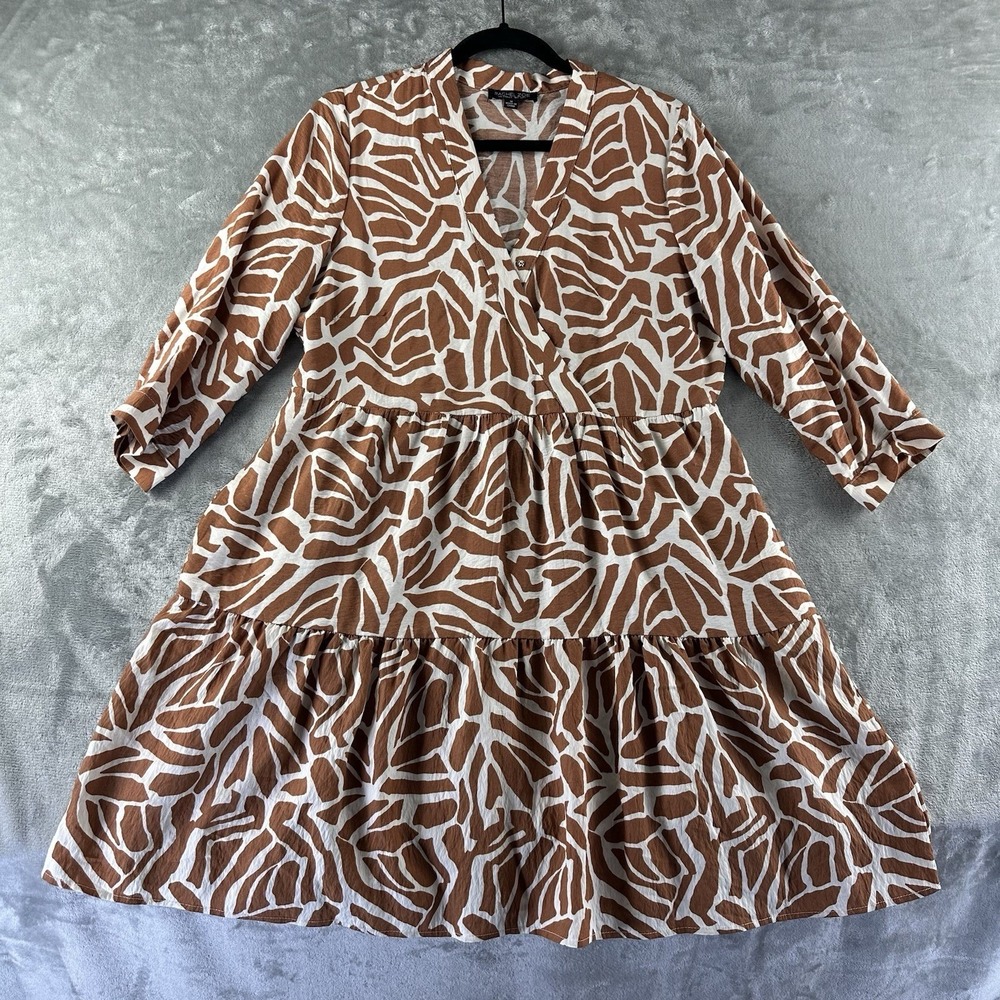 Rachael Zoe Dress Women's M Brown White Zebra Tiered Mini 3/4 Sleeve